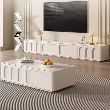 White Modern Long Wooden TV Stand with Drawers Image - 1