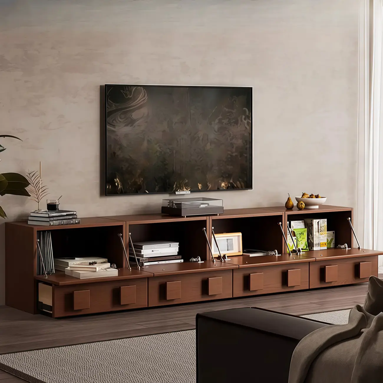 Living Room Brown 2-Tier Rectangular Wooden TV Stand Image - 5 | homeyfad