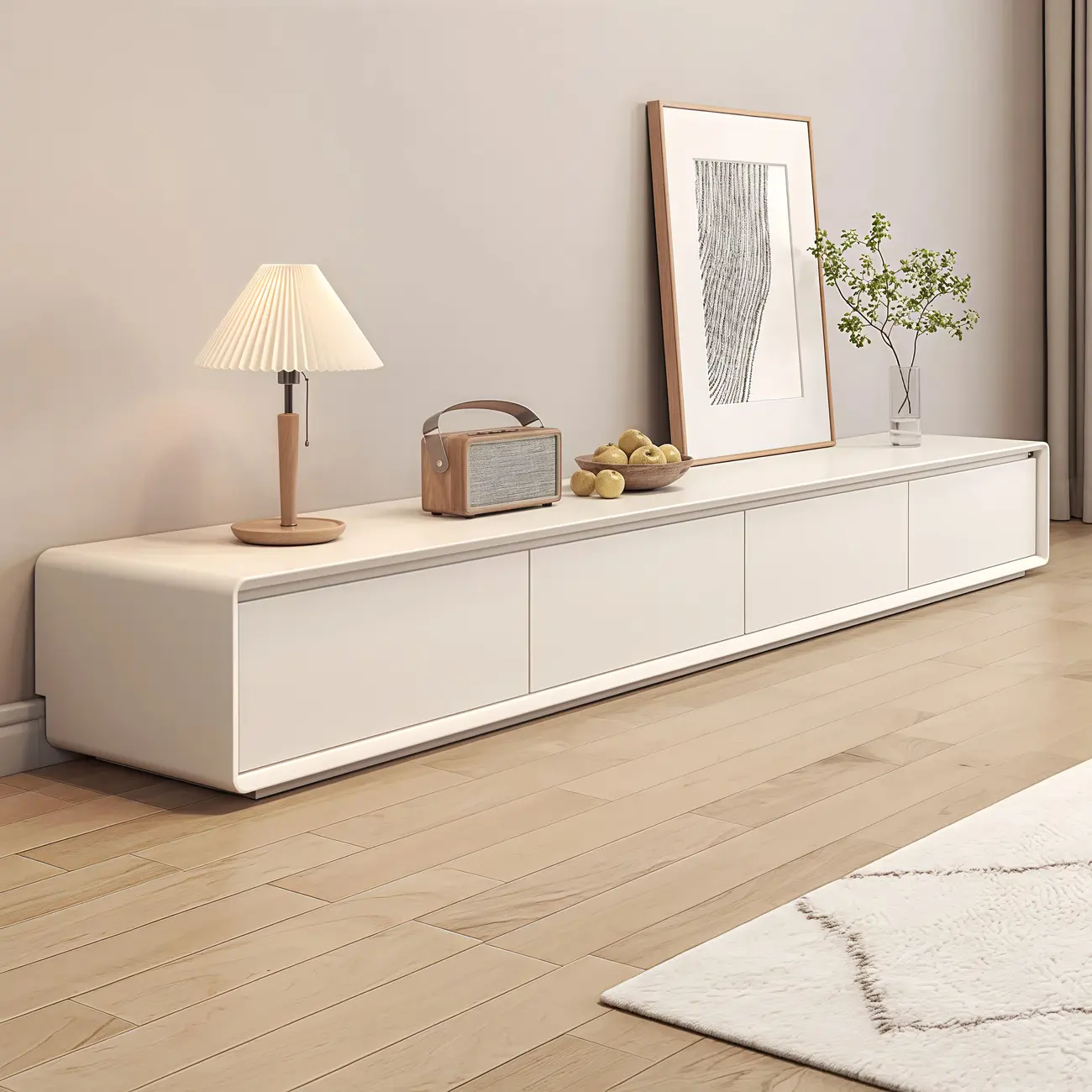 White Rectangular Wood TV Stand with Cable Management Image - 1 | homeyfad