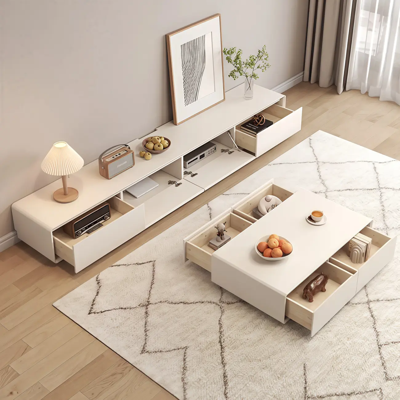 White Rectangular Wood TV Stand with Cable Management Image - 2 | homeyfad