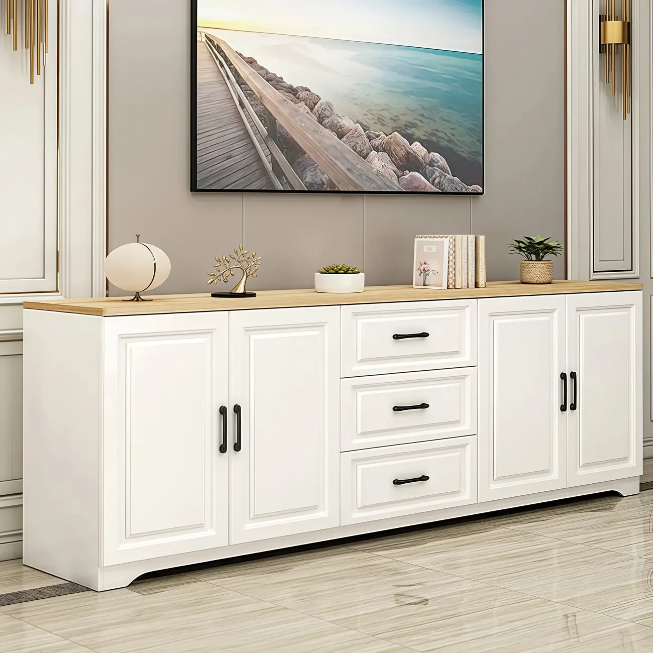 Modern Rectangular White 3-Drawer Wooden TV Stand Image - 2 | homeyfad
