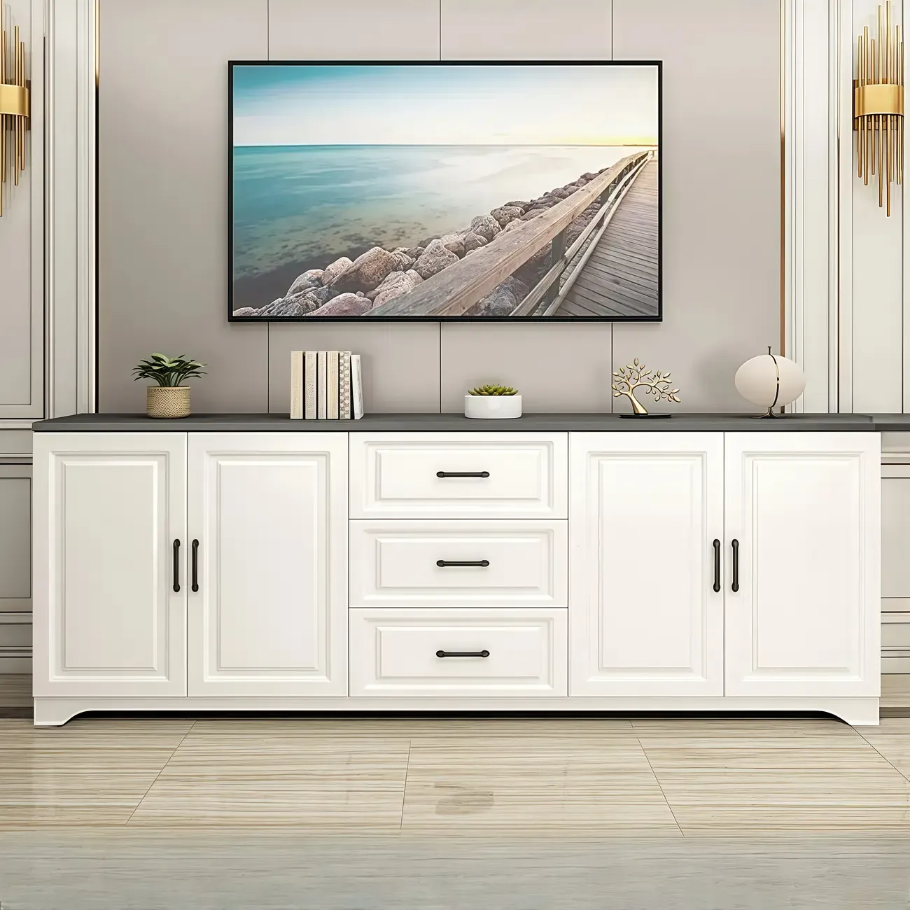 Modern Rectangular White 3-Drawer Wooden TV Stand Image - 3