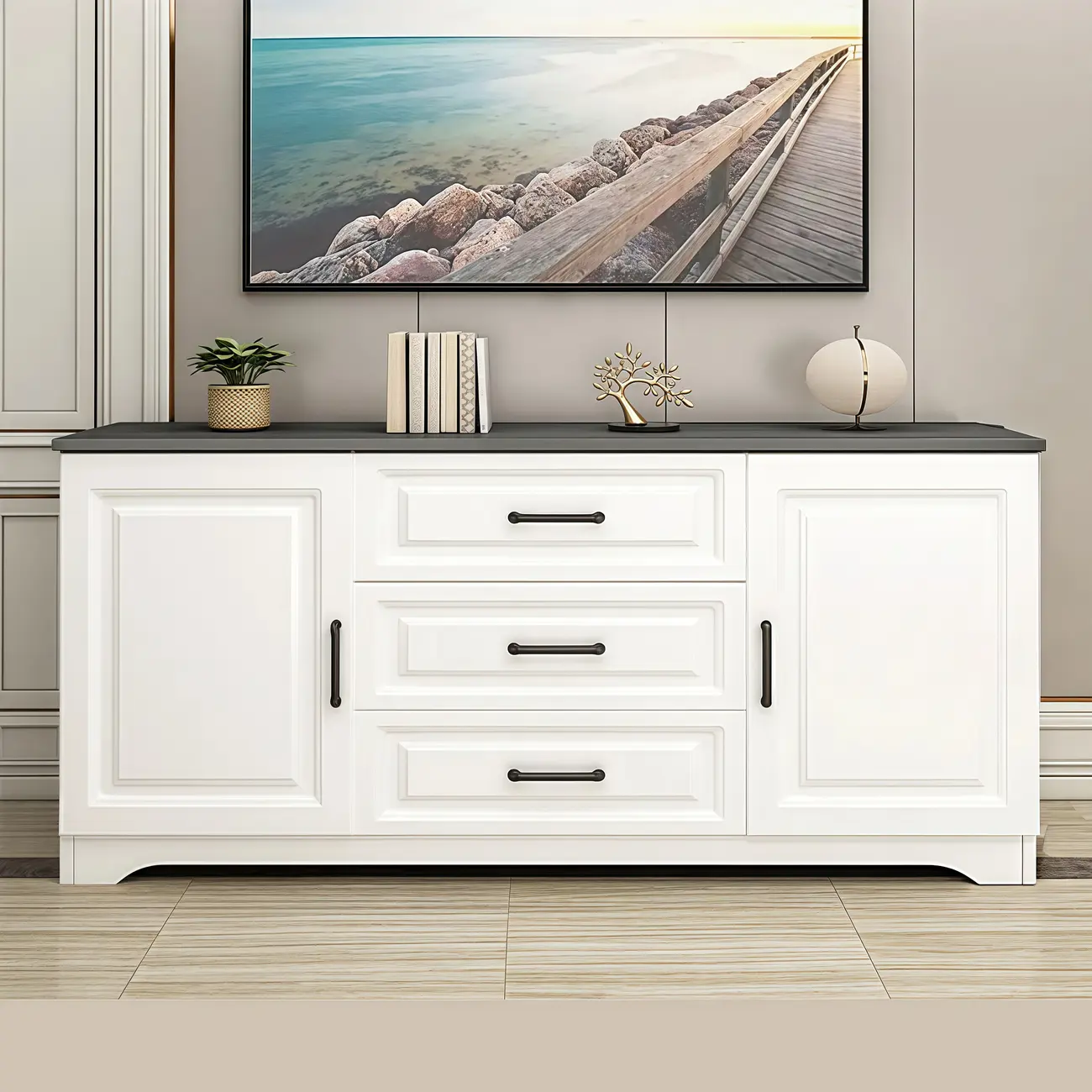 Modern Rectangular White 3-Drawer Wooden TV Stand Image - 6 | homeyfad
