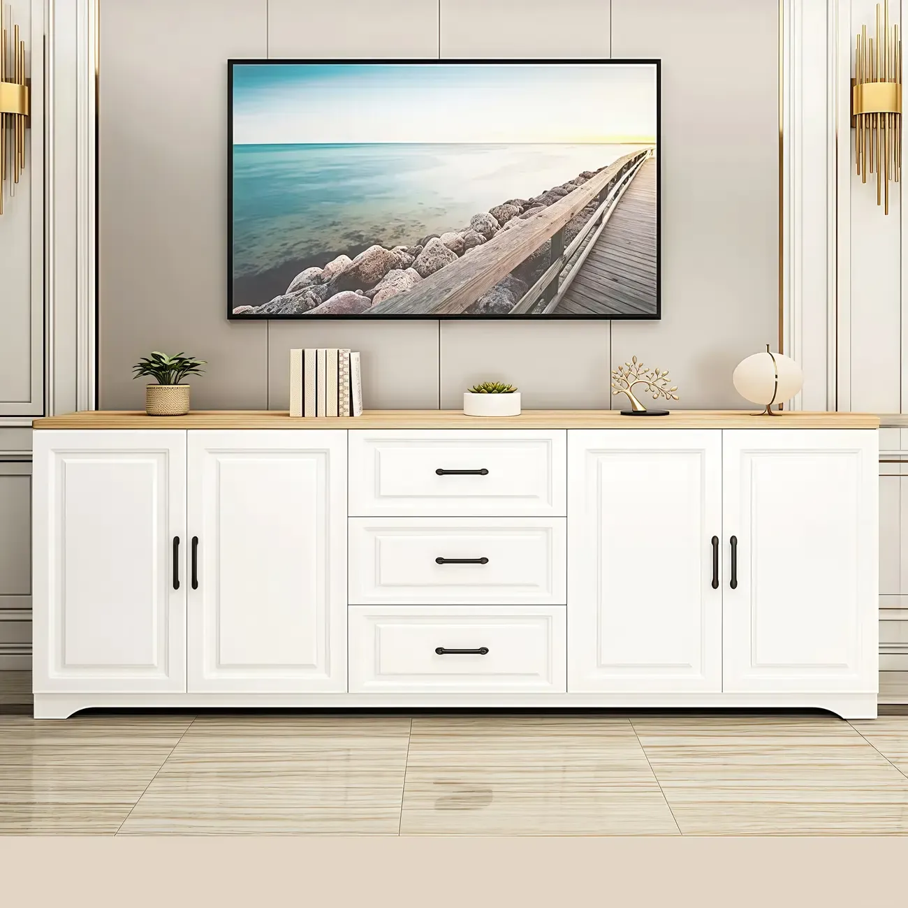 Modern Rectangular White 3-Drawer Wooden TV Stand Image - 7