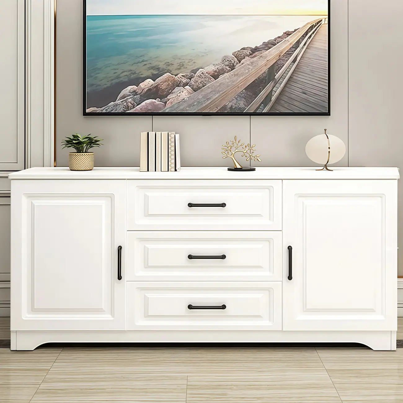 Modern Rectangular White 3-Drawer Wooden TV Stand Image - 9 | homeyfad