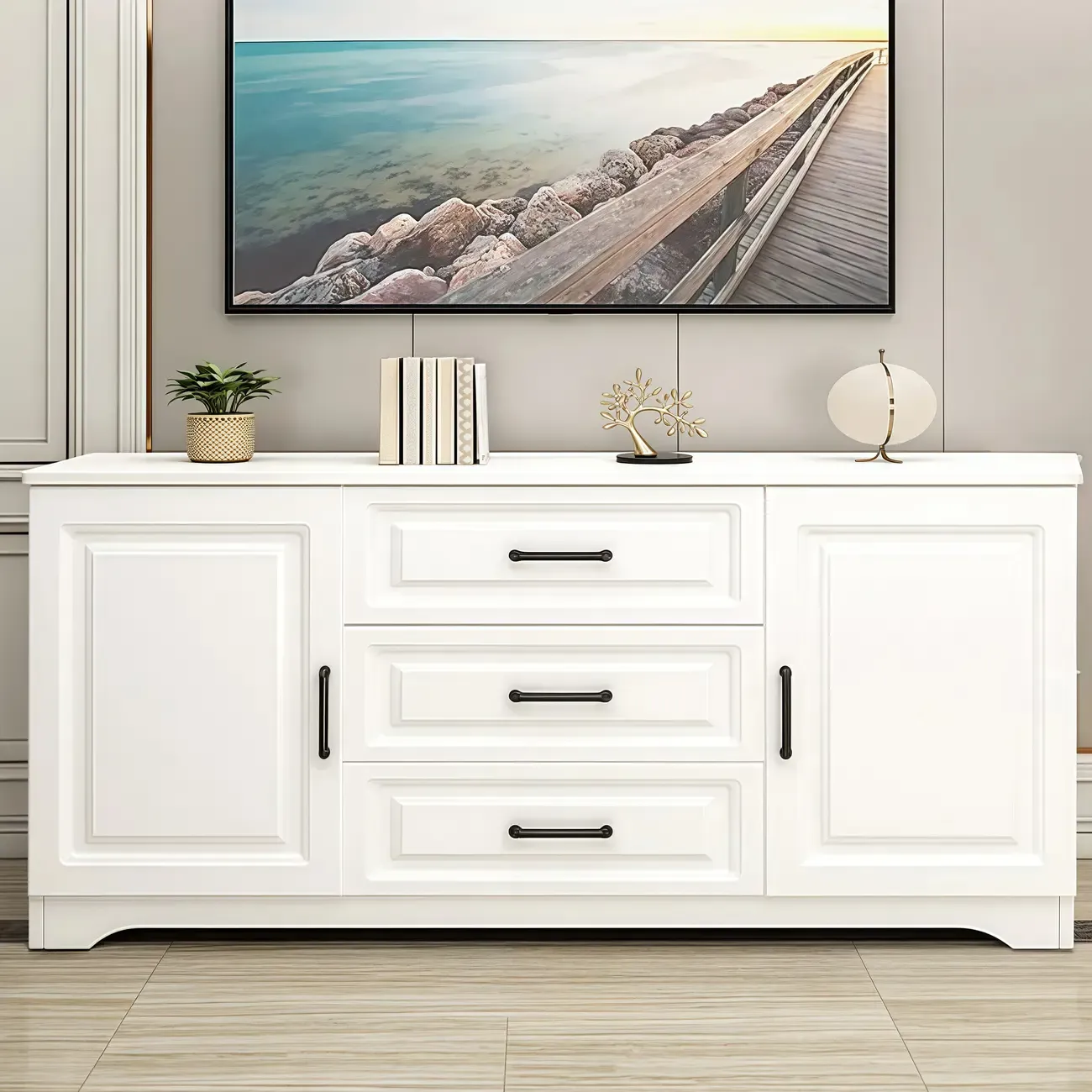 Modern Rectangular White 3-Drawer Wooden TV Stand Image - 9
