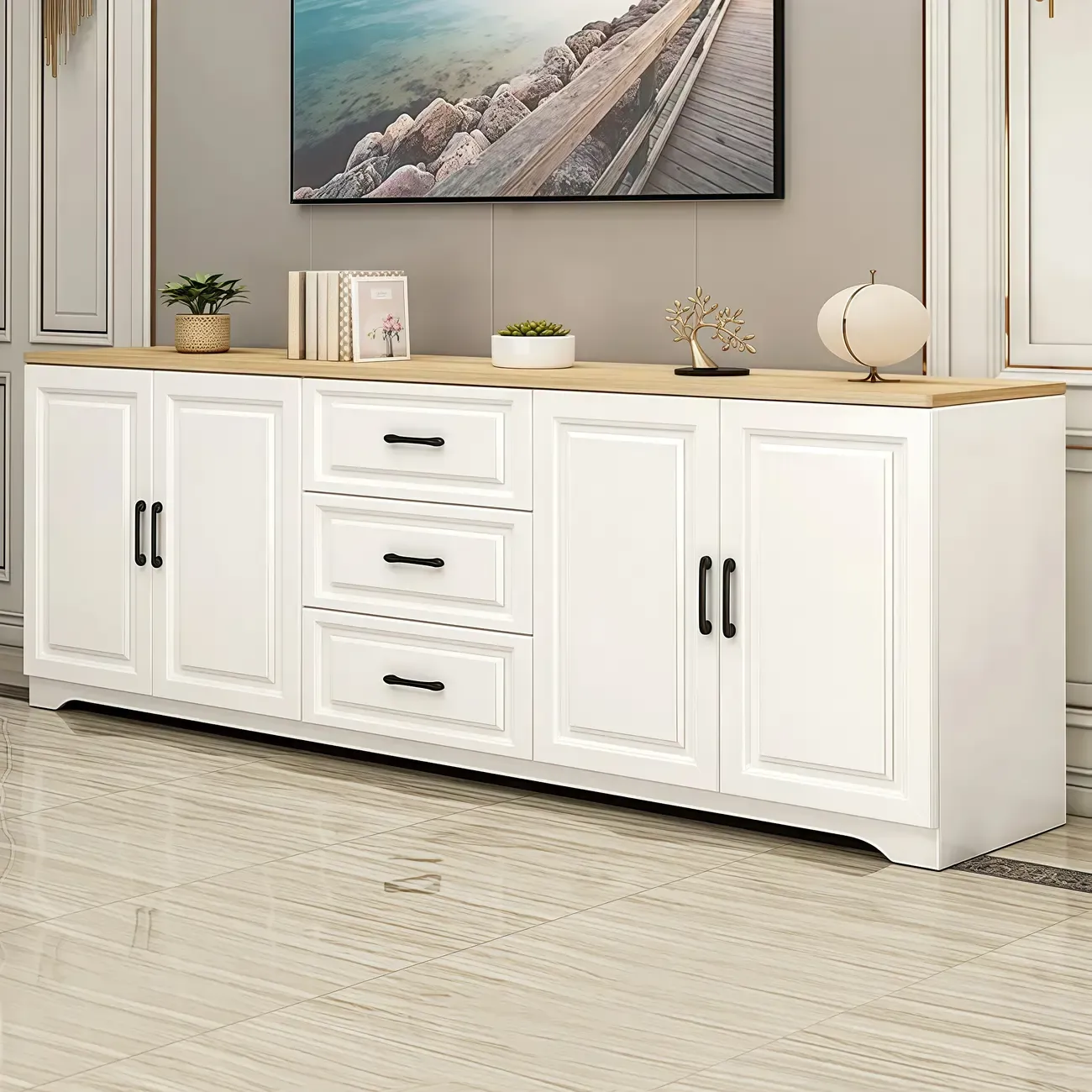 Modern Rectangular White 3-Drawer Wooden TV Stand Image - 1