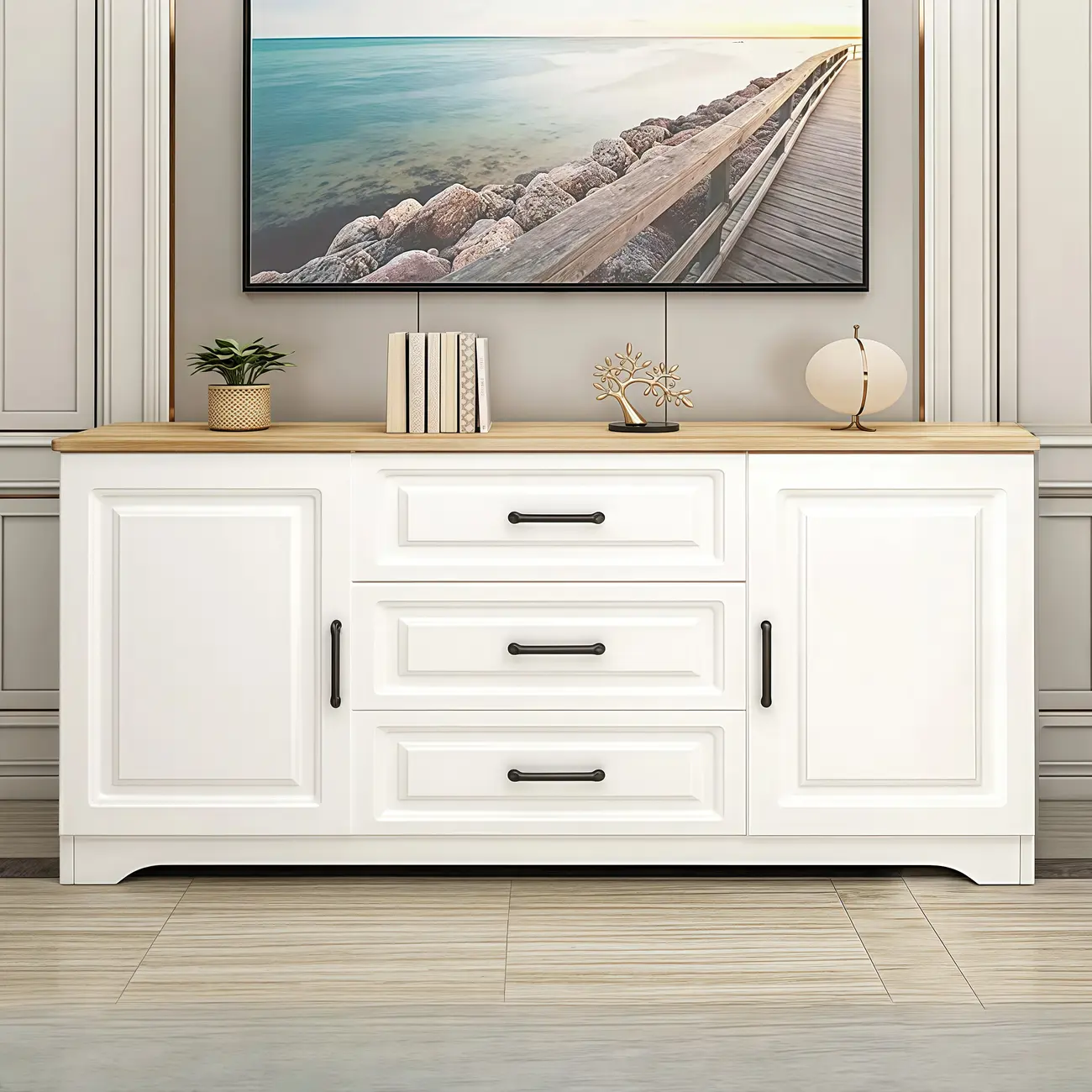 Modern Rectangular White 3-Drawer Wooden TV Stand Image - 12 | homeyfad