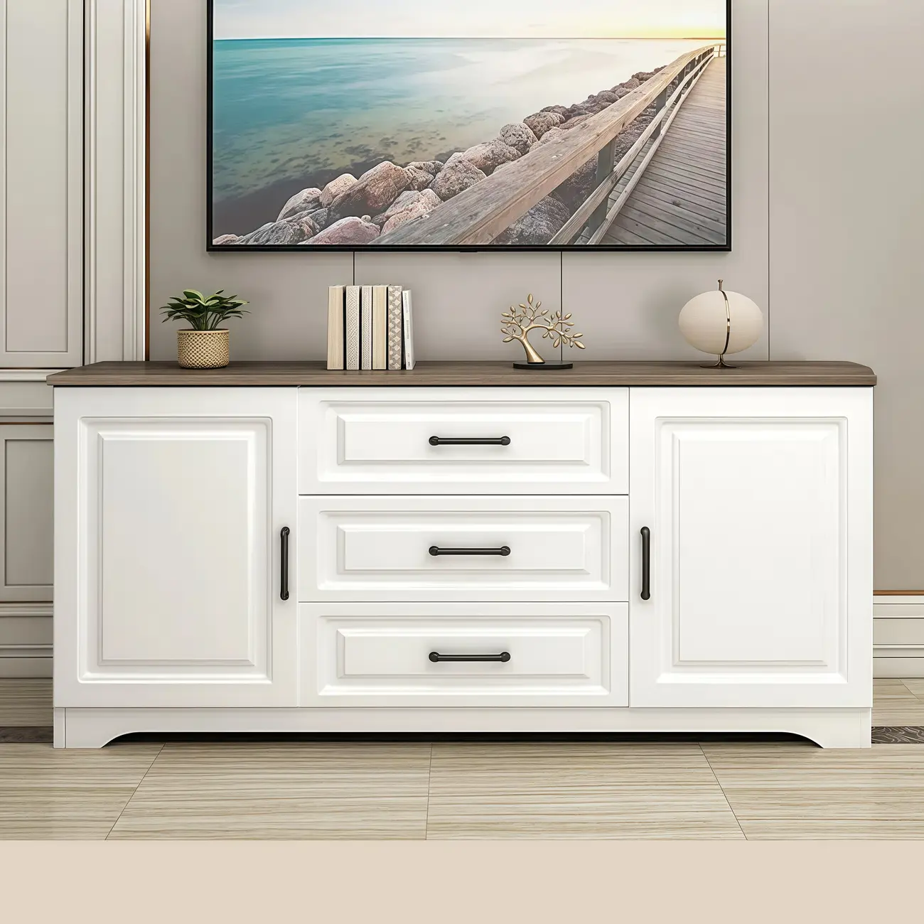 Modern Rectangular White 3-Drawer Wooden TV Stand Image - 13 | homeyfad
