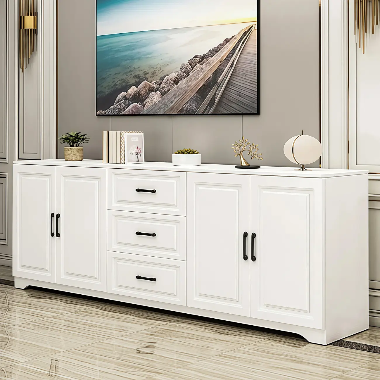 Modern Rectangular White 3-Drawer Wooden TV Stand Image - 8 | homeyfad