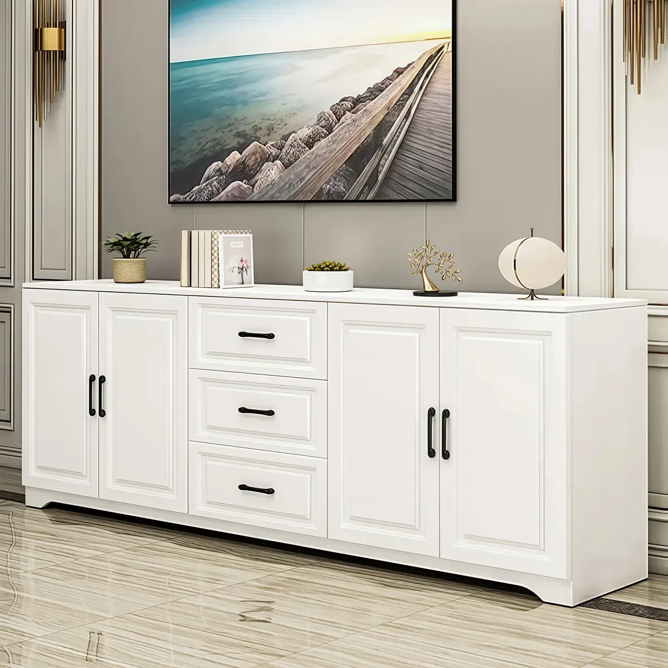 Modern Rectangular White 3-Drawer Wooden TV Stand Image - 8