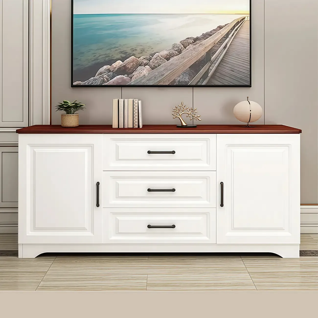 Modern Rectangular White 3-Drawer Wooden TV Stand Image - 10
