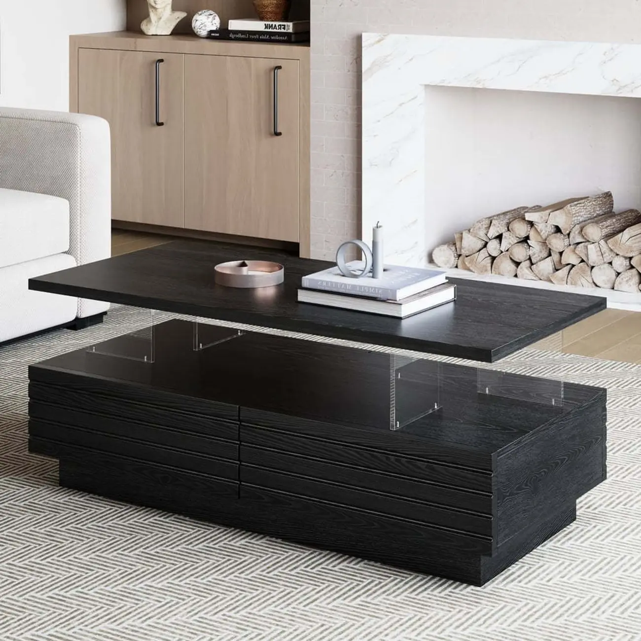 Two-Layer Rectangular LED Lighting Black Coffee Table with Storage Image - 4 | homeyfad