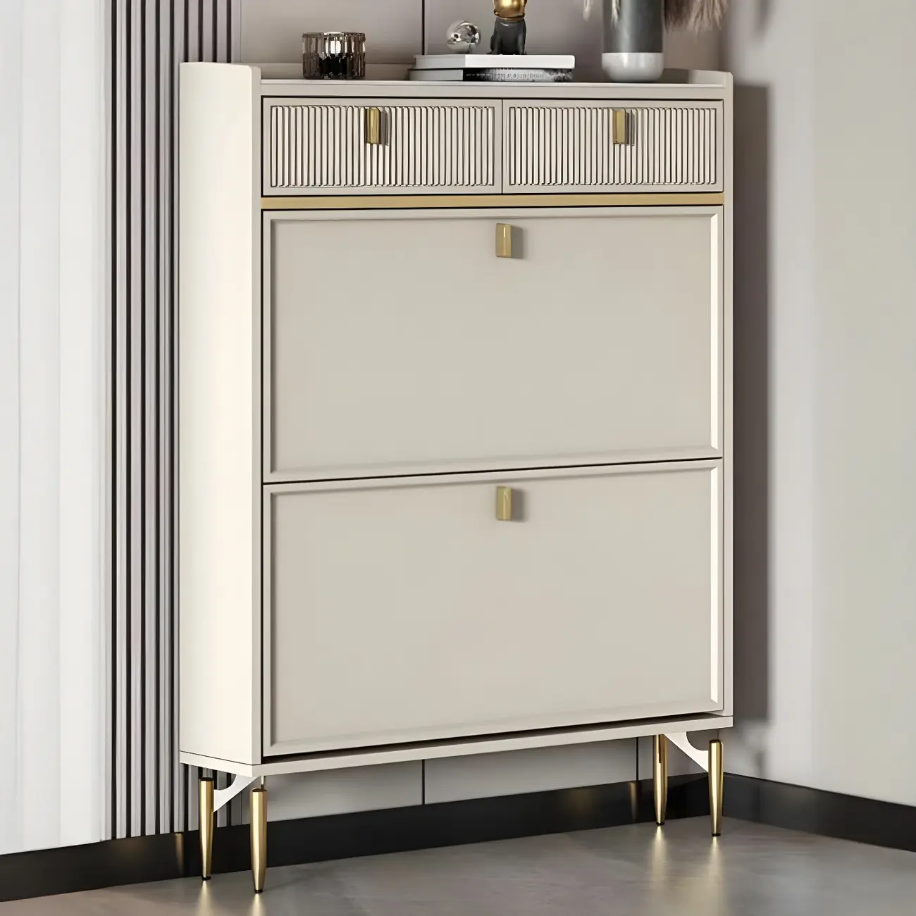 Entryway Off-White Wood Shoe Storage with 2-Drawer Image - 3 | homeyfad