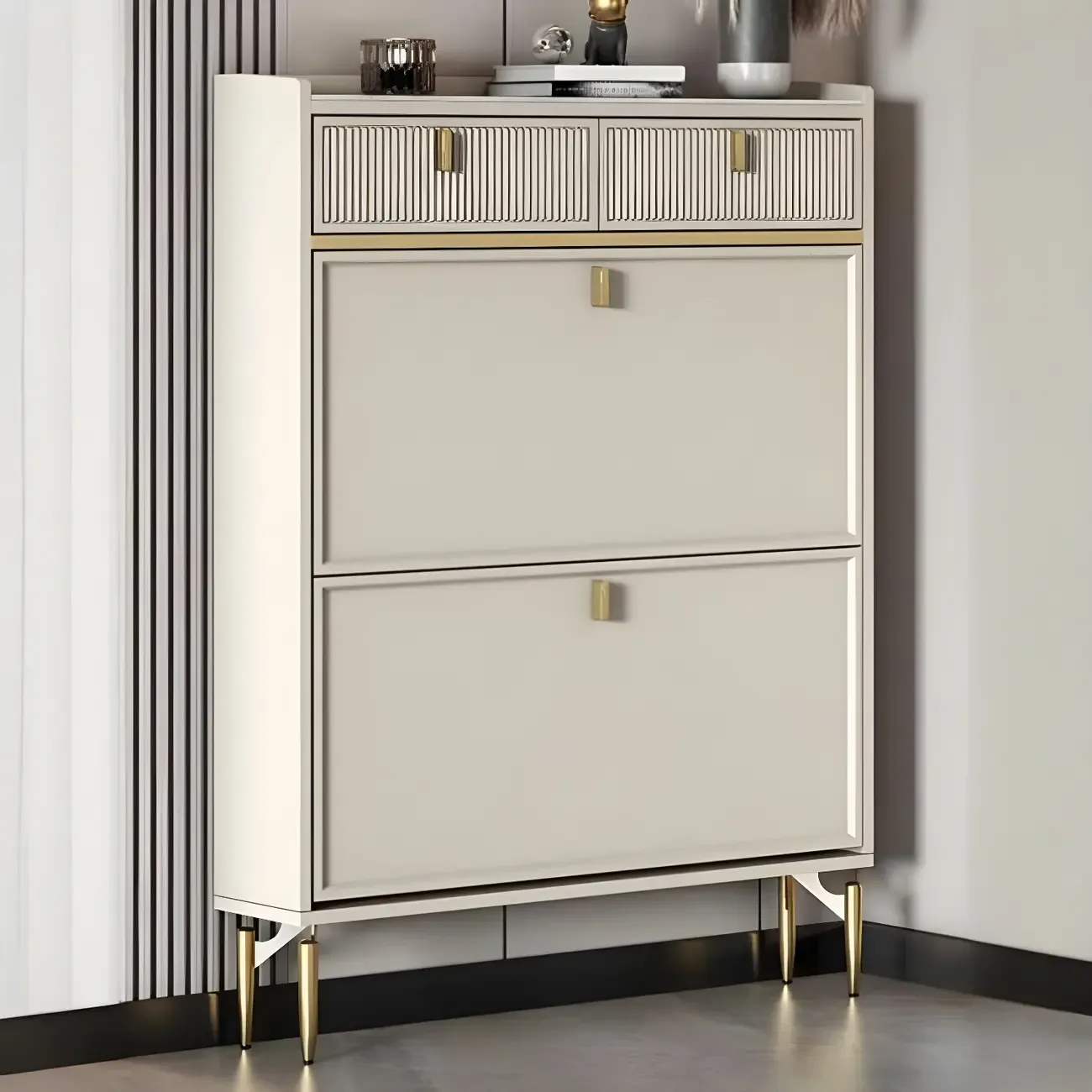 Entryway Off-White Wood Shoe Storage with 2-Drawer Image - 3