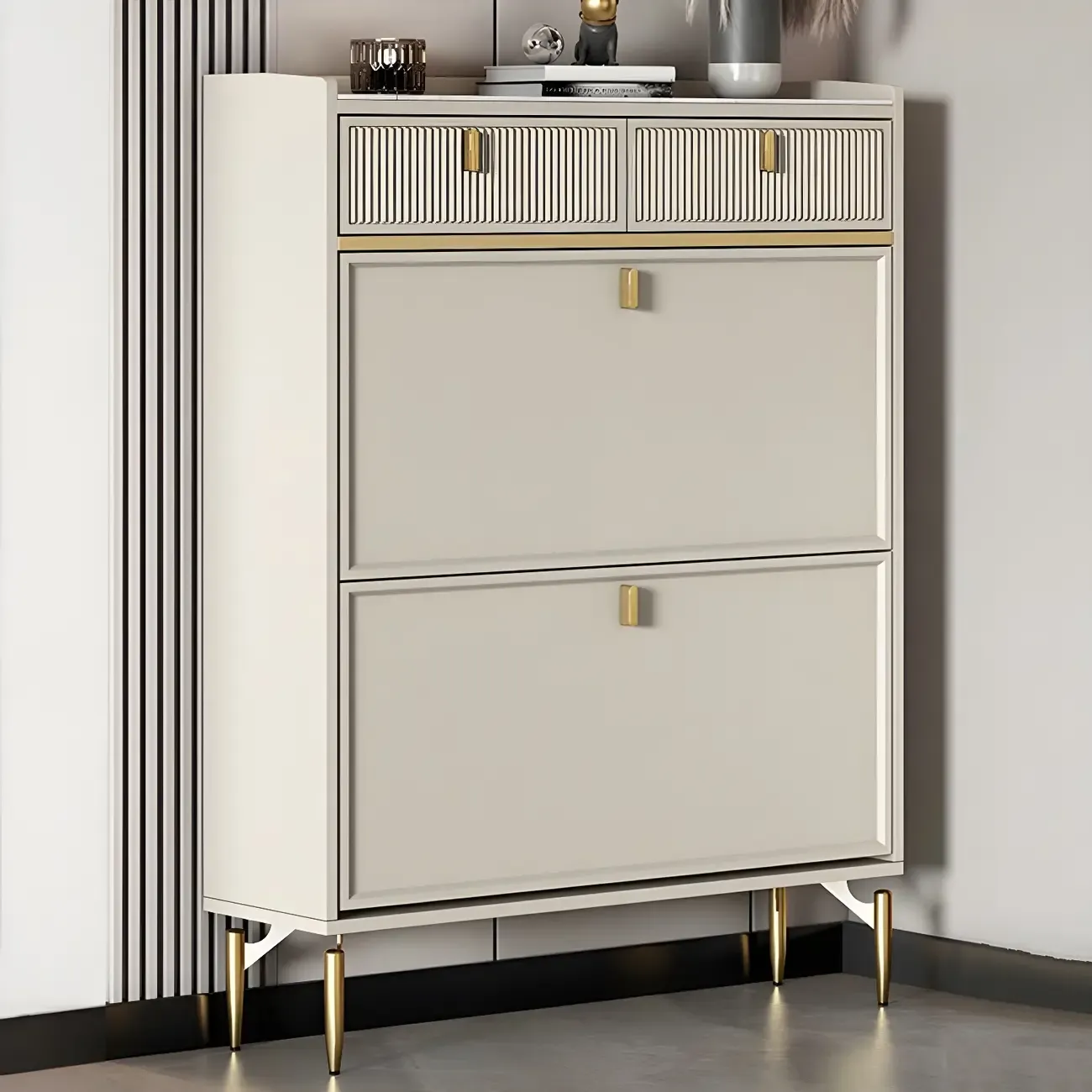 Entryway Off-White Wood Shoe Storage with 2-Drawer Image - 5