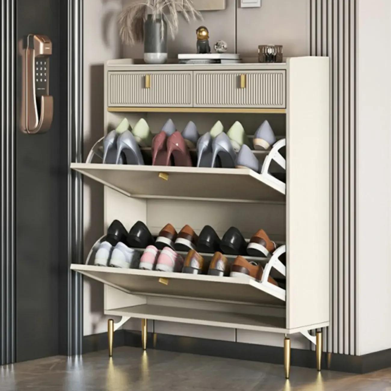 Entryway Off-White Wood Shoe Storage with 2-Drawer Image - 6
