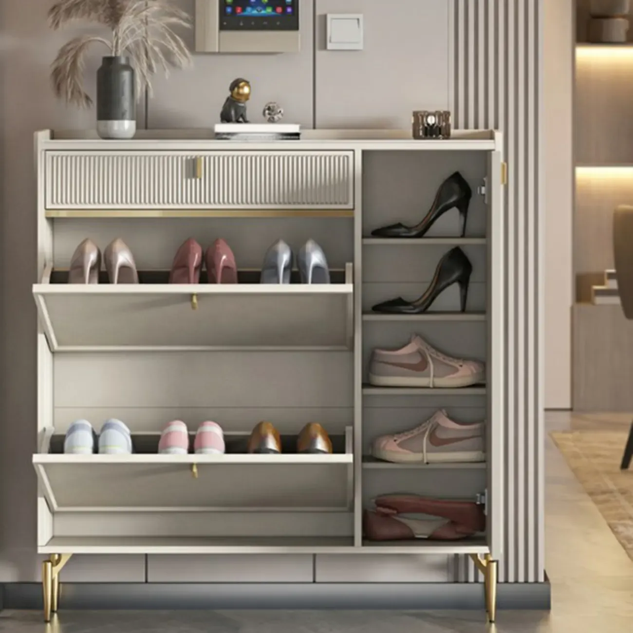 Entryway Off-White Wood Shoe Storage with 2-Drawer Image - 7