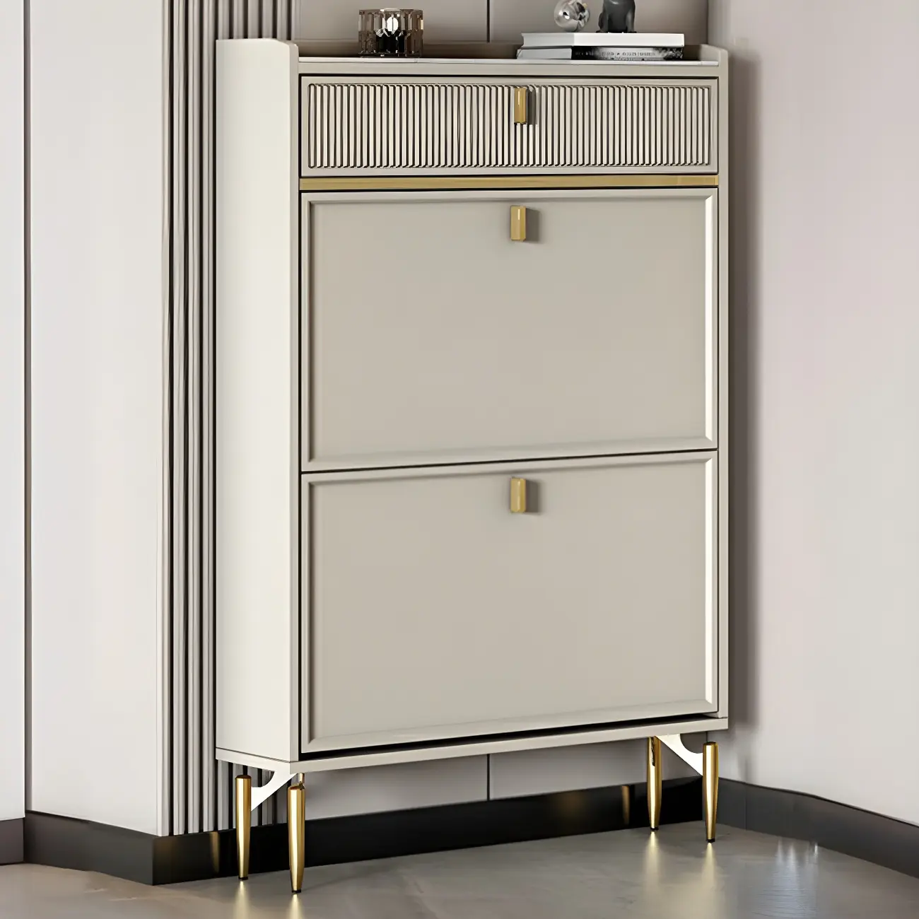 Entryway Off-White Wood Shoe Storage with 2-Drawer Image - 11 | homeyfad