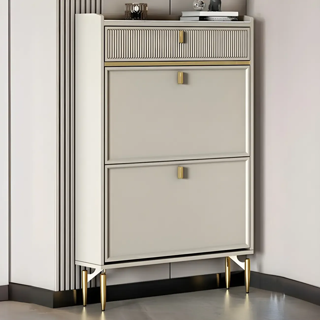 Entryway Off-White Wood Shoe Storage with 2-Drawer Image - 11