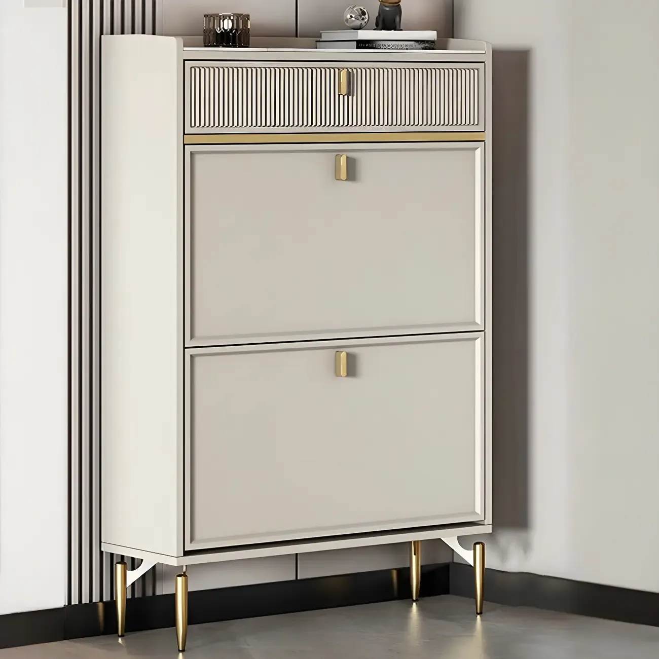 Entryway Off-White Wood Shoe Storage with 2-Drawer Image - 14