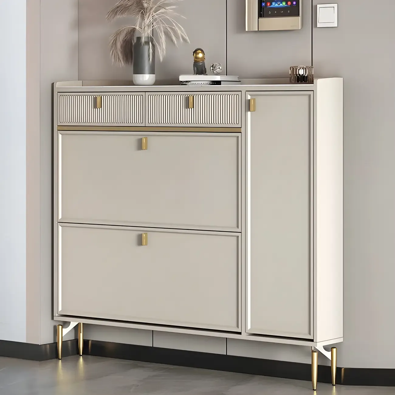 Entryway Off-White Wood Shoe Storage with 2-Drawer Image - 16