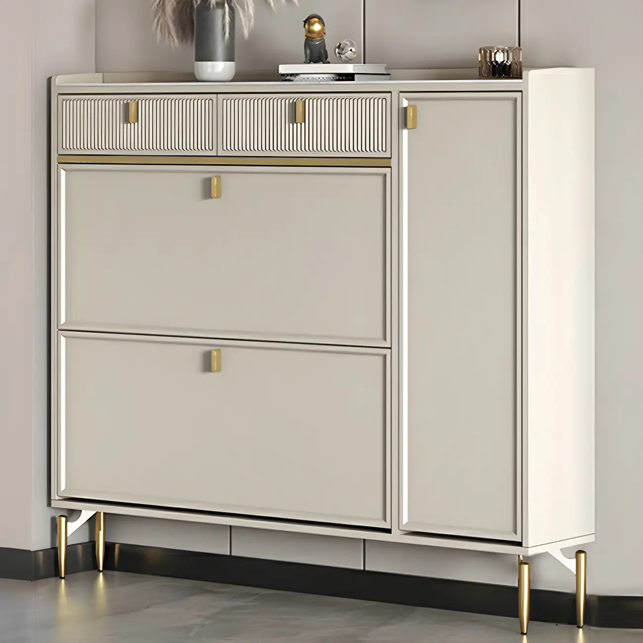 Entryway Off-White Wood Shoe Storage with 2-Drawer Image - 18 | homeyfad