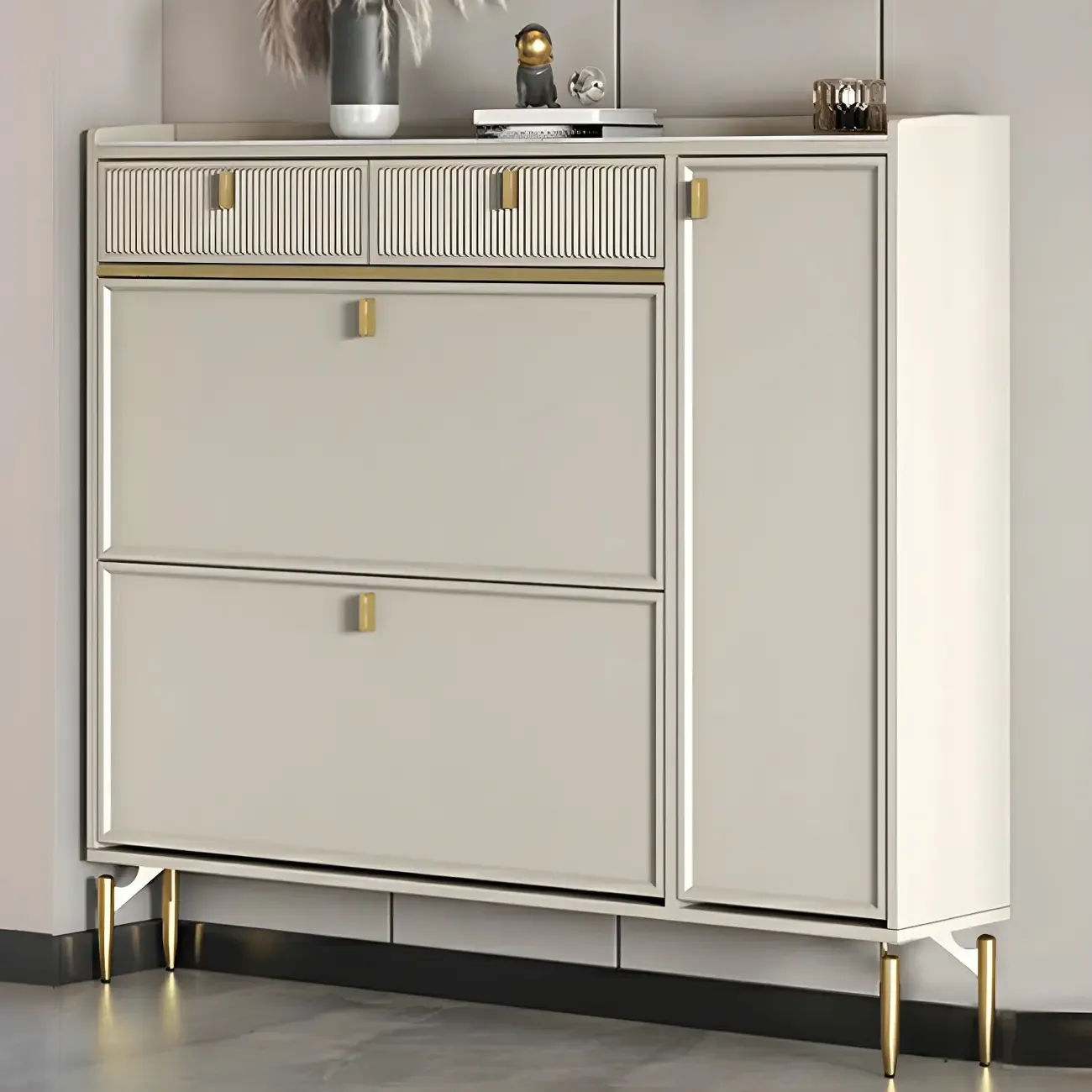 Entryway Off-White Wood Shoe Storage with 2-Drawer Image - 18