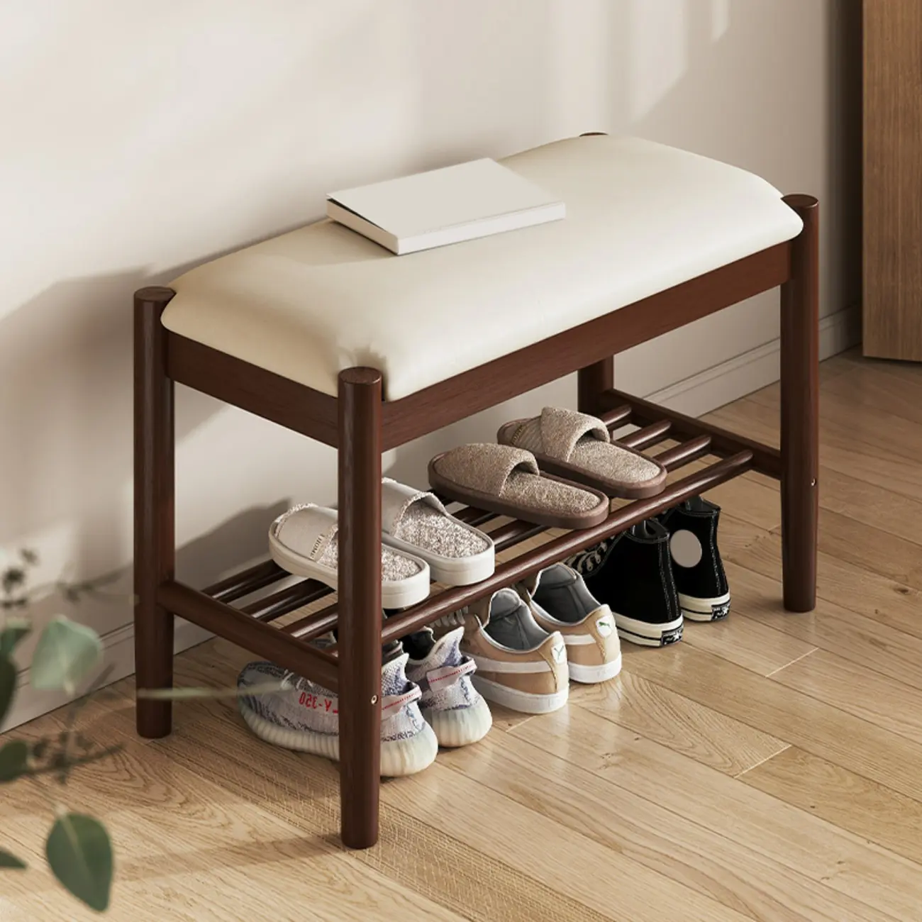 Scandinavian Solid Wood Cushioned Shoe Rack Bench Image - 1 | homeyfad
