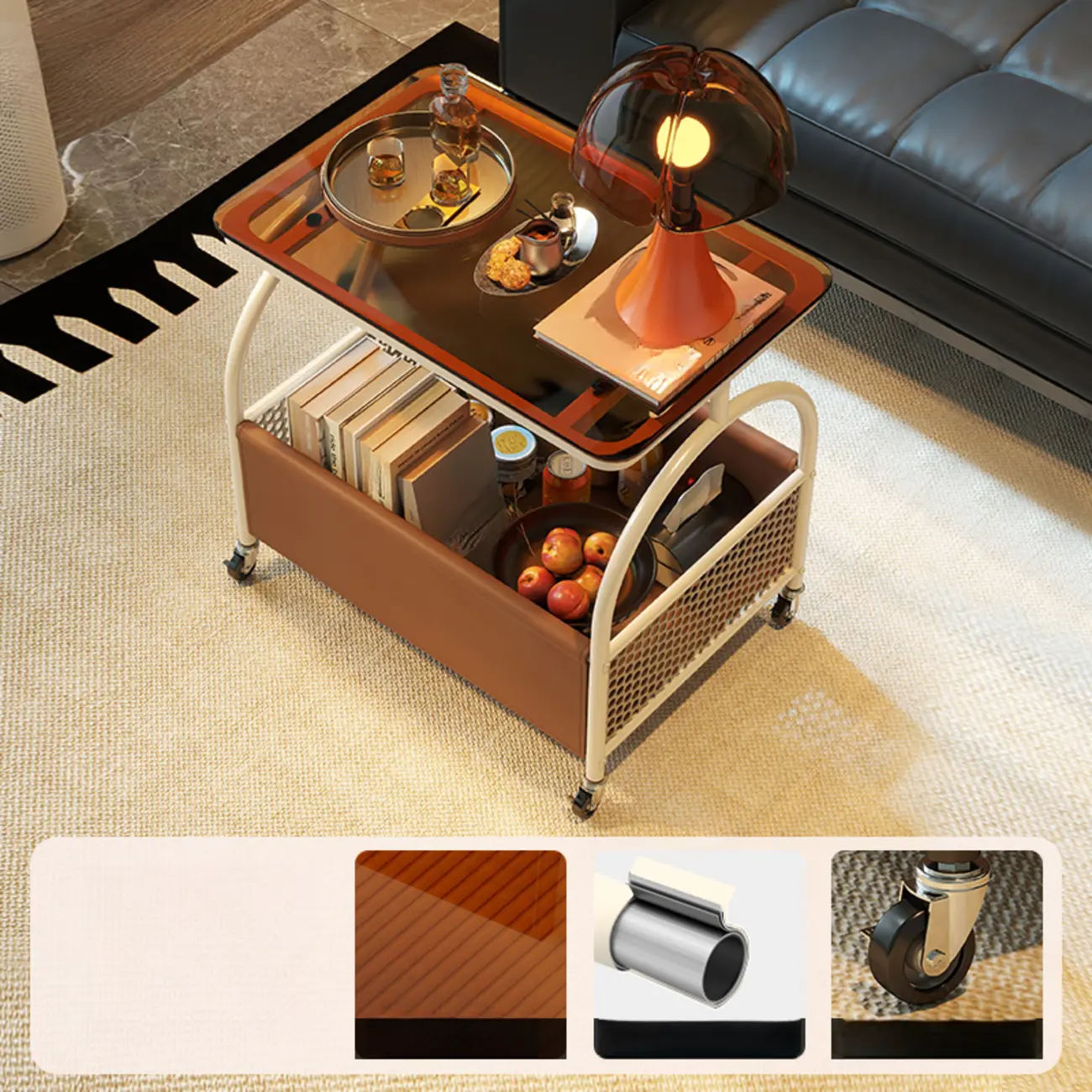 Versatile Glass-Top Metal 360° Rolling Side Table with Storage Image - 4 | homeyfad