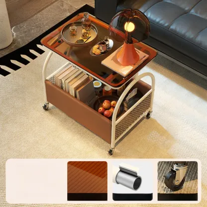 Versatile Glass-Top Metal 360° Rolling Side Table with Storage Image - 4