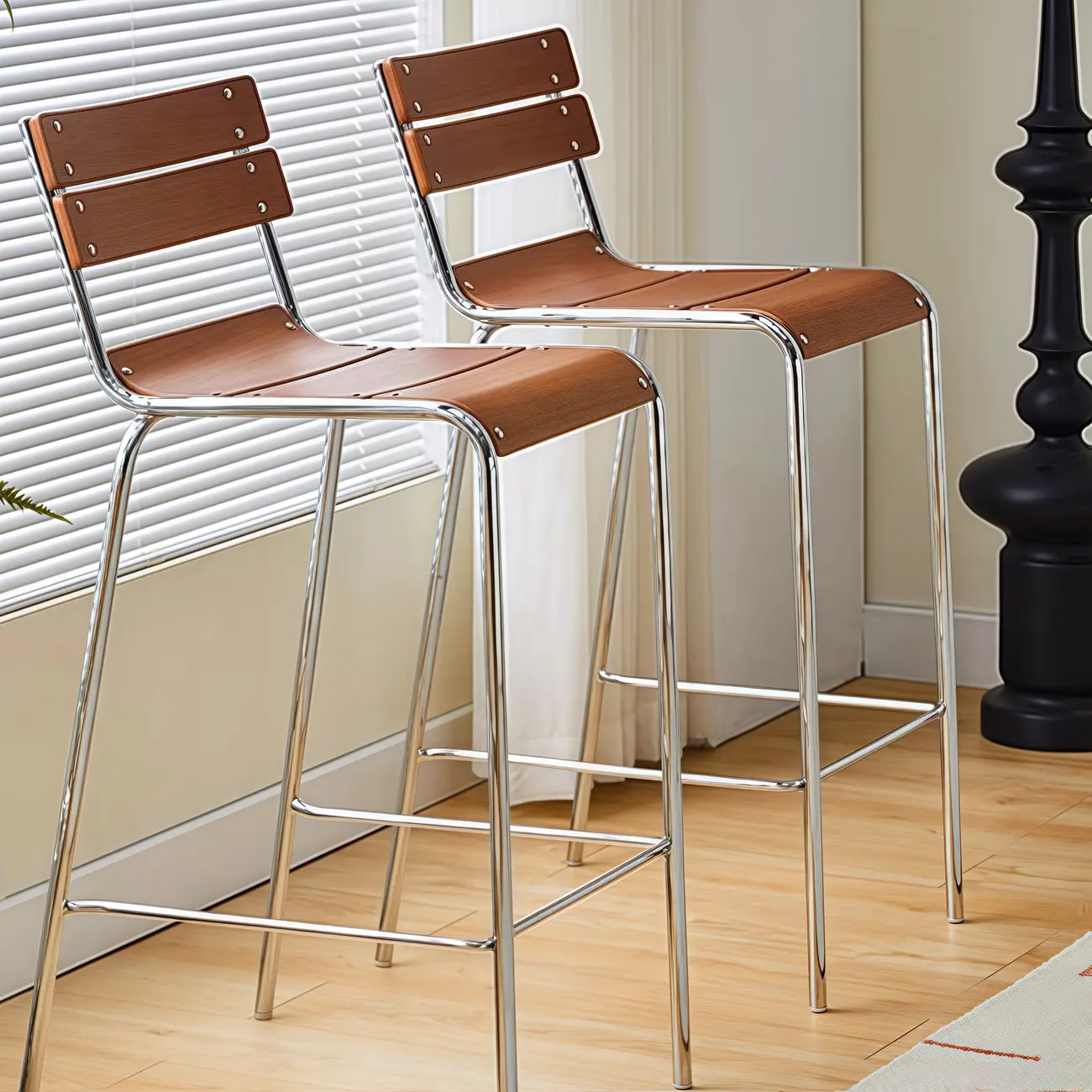 Industrial Brown Wood Rectangle Stackable Bar Stools with Back Image - 1 | homeyfad
