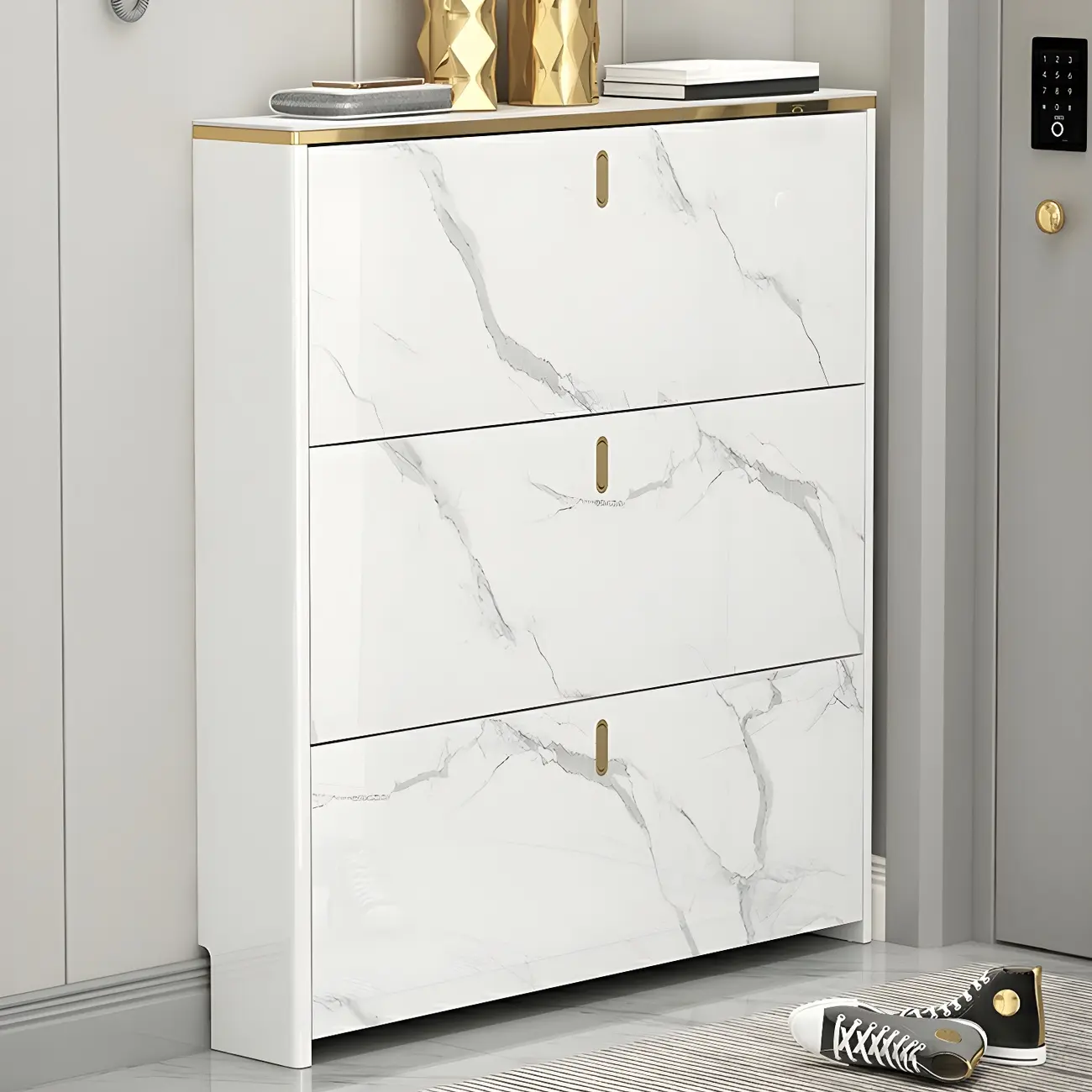 Glam White Narrow Drop Front Shoe Cabinet for Entryway Image - 1 | homeyfad