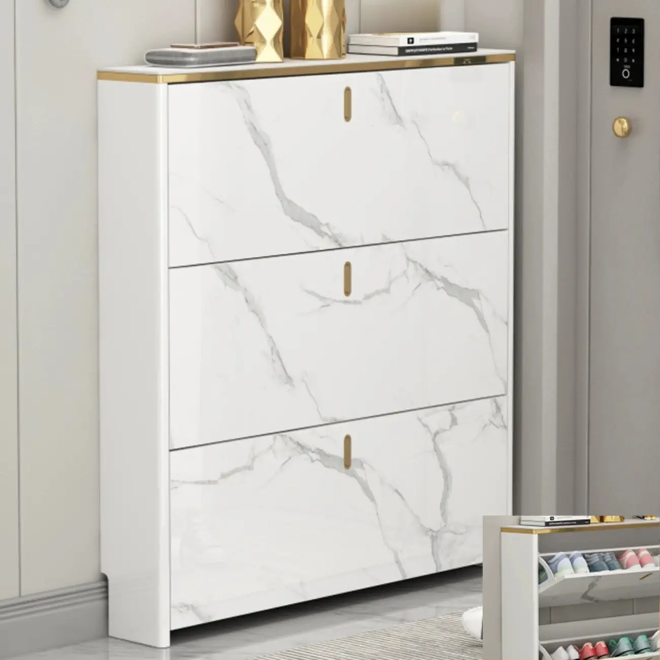 Glam White Narrow Drop Front Shoe Cabinet for Entryway Image - 3 | homeyfad
