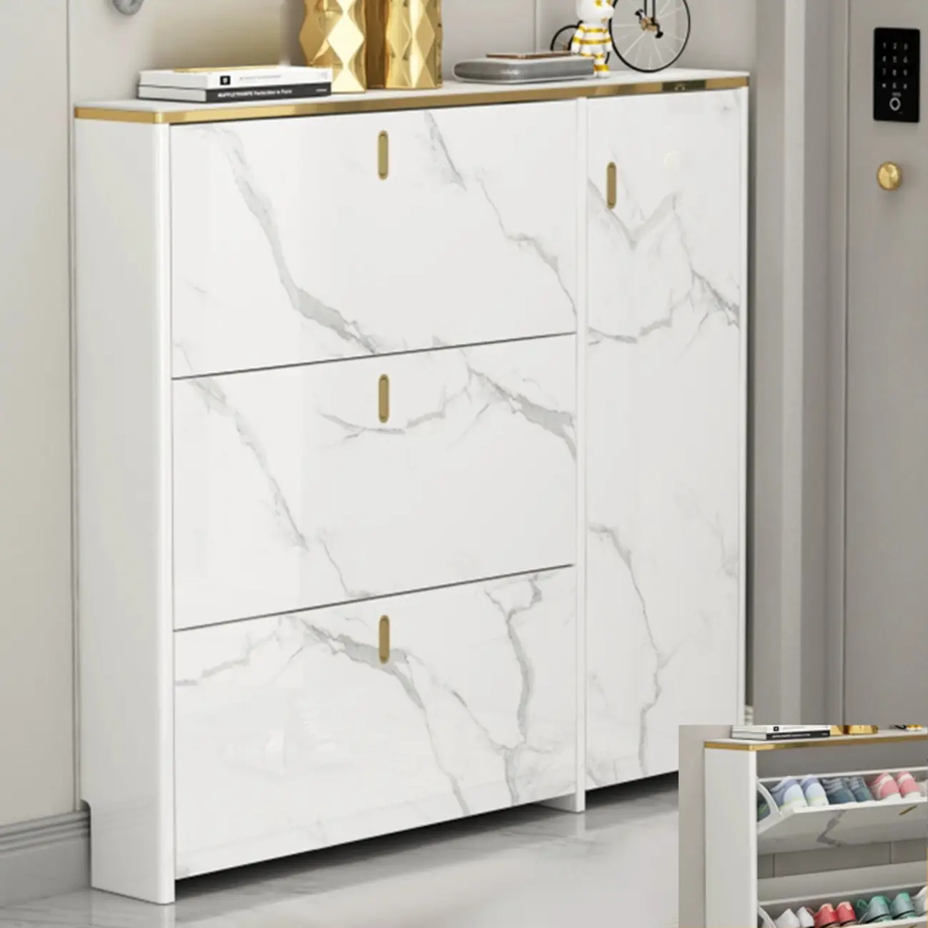 Glam White Narrow Drop Front Shoe Cabinet for Entryway Image - 4 | homeyfad