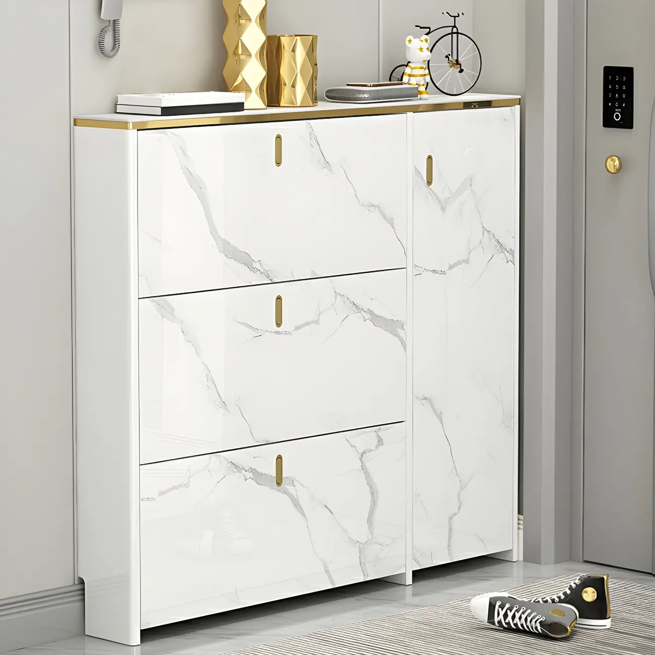 Glam White Narrow Drop Front Shoe Cabinet for Entryway Image - 5 | homeyfad