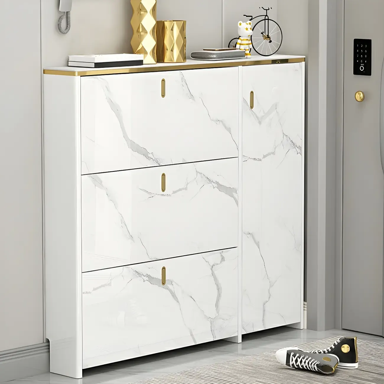 Glam White Narrow Drop Front Shoe Cabinet for Entryway Image - 5