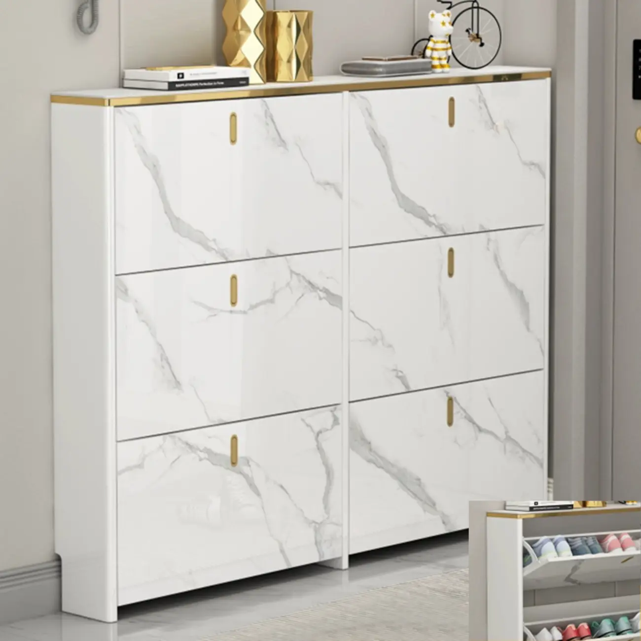 Glam White Narrow Drop Front Shoe Cabinet for Entryway Image - 6 | homeyfad