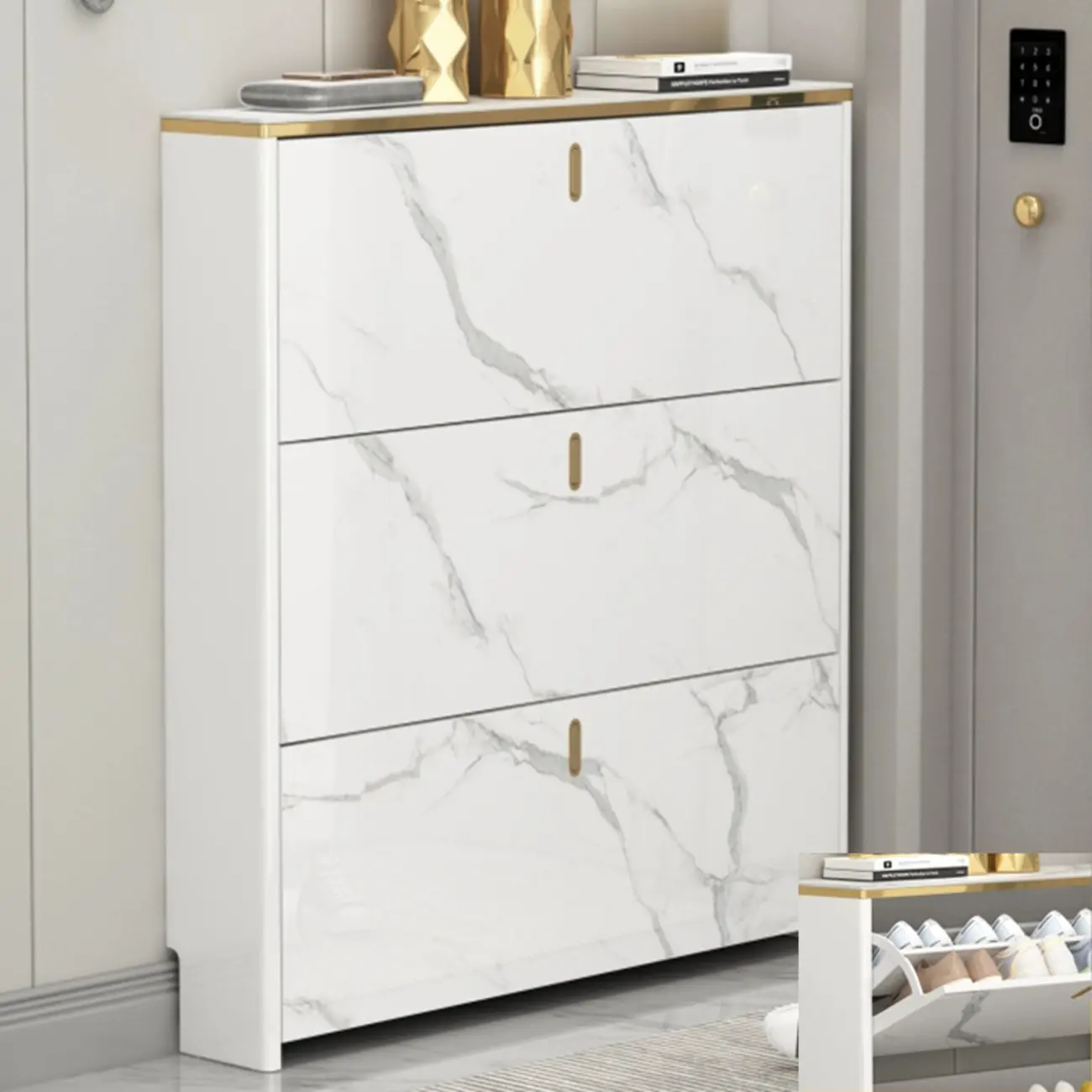 Glam White Narrow Drop Front Shoe Cabinet for Entryway Image - 8 | homeyfad