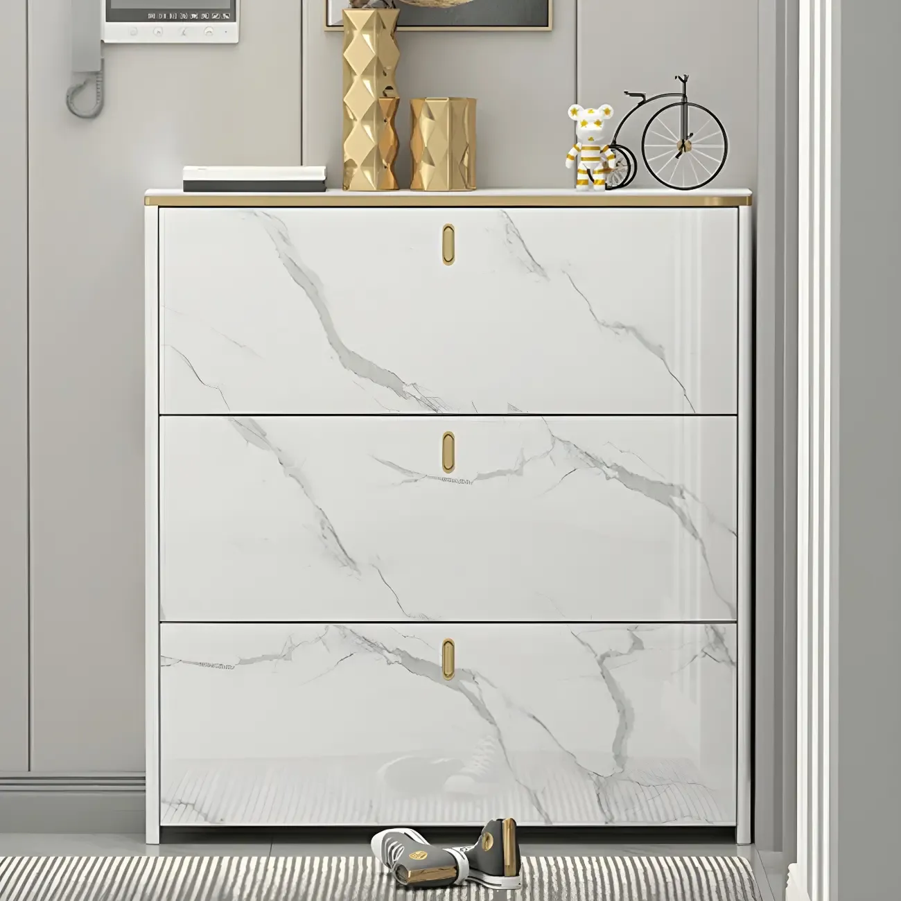 Glam White Narrow Drop Front Shoe Cabinet for Entryway Image - 9