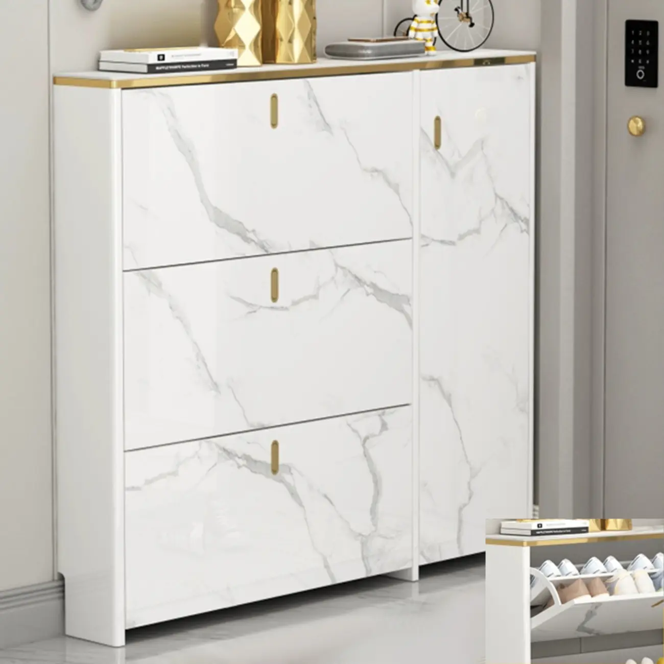 Glam White Narrow Drop Front Shoe Cabinet for Entryway Image - 10 | homeyfad