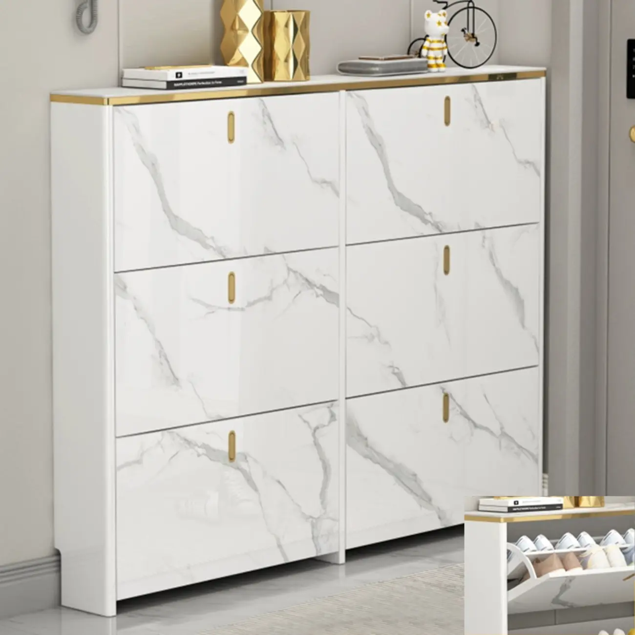 Glam White Narrow Drop Front Shoe Cabinet for Entryway Image - 11 | homeyfad