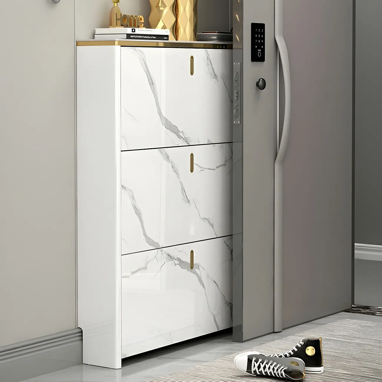 Glam White Narrow Drop Front Shoe Cabinet for Entryway Image - 2 | homeyfad