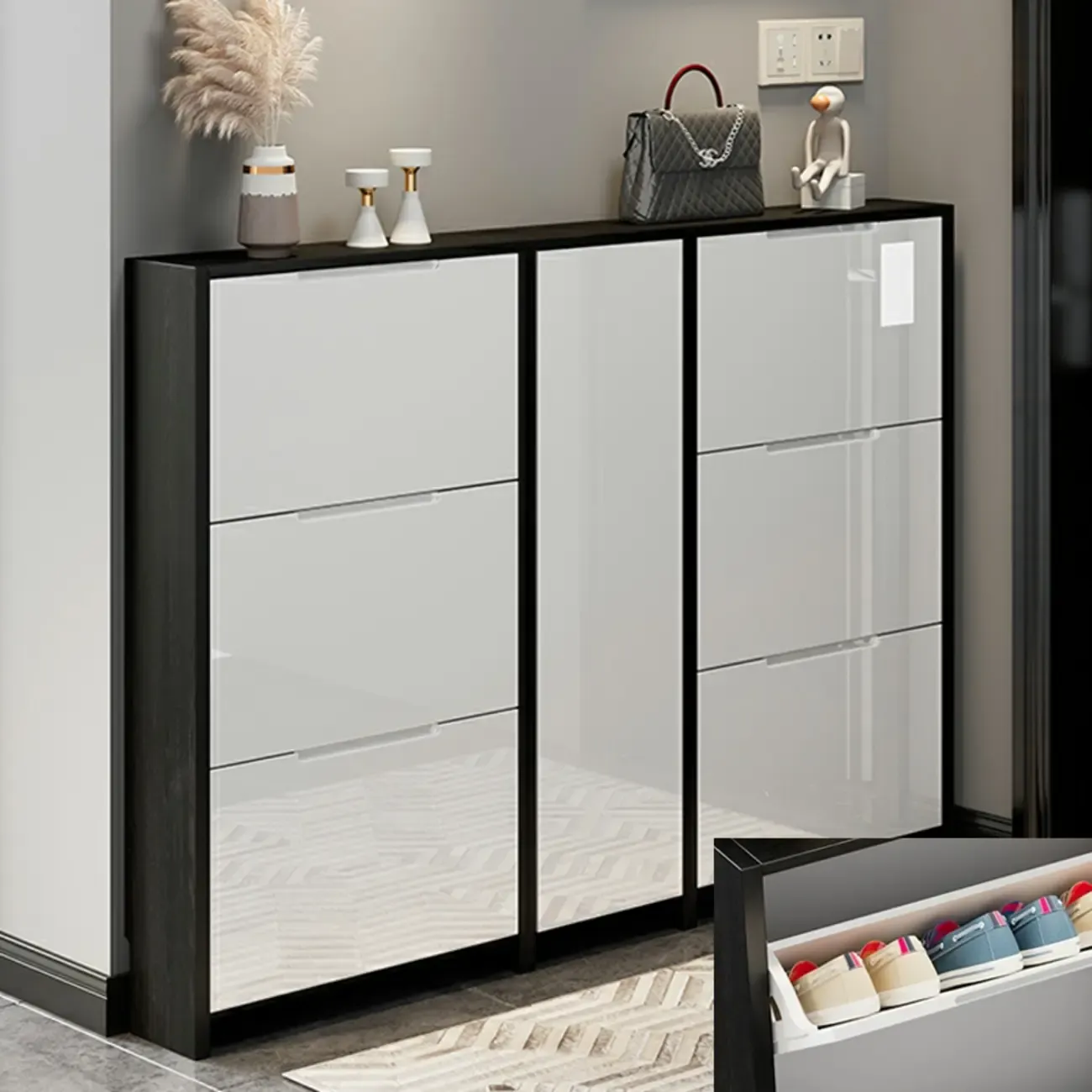 Entryway	Black Narrow Drop Front Shoe Storage Cabinet Image - 8