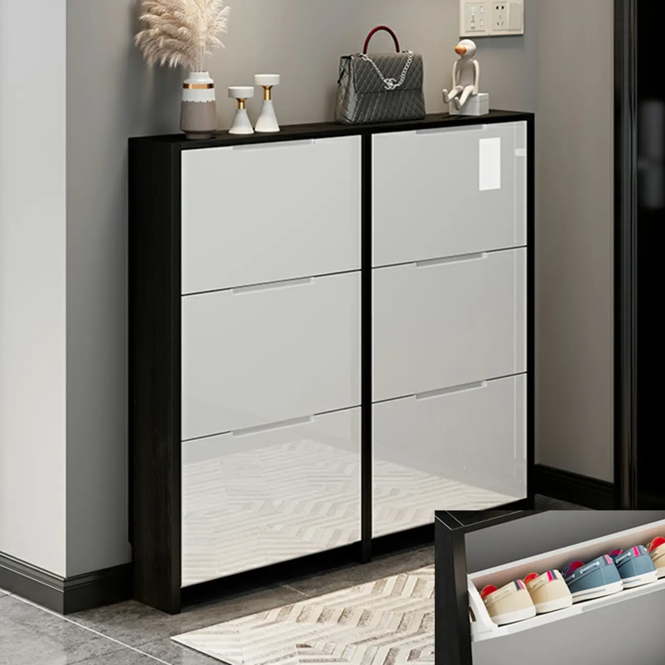 Entryway	Black Narrow Drop Front Shoe Storage Cabinet Image - 7 | homeyfad