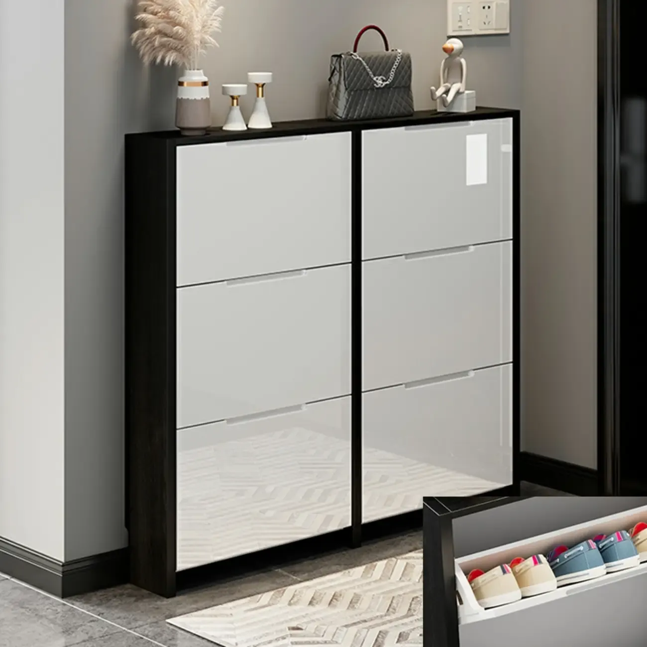 Entryway	Black Narrow Drop Front Shoe Storage Cabinet Image - 7