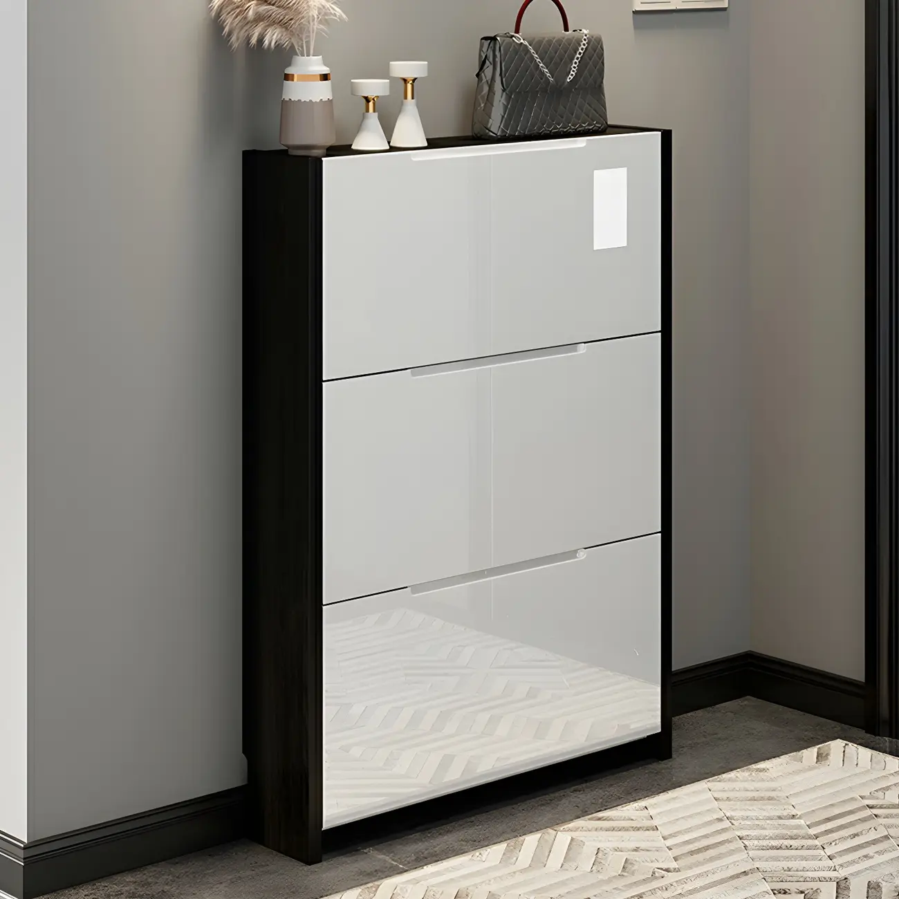 Entryway	Black Narrow Drop Front Shoe Storage Cabinet Image - 3 | homeyfad