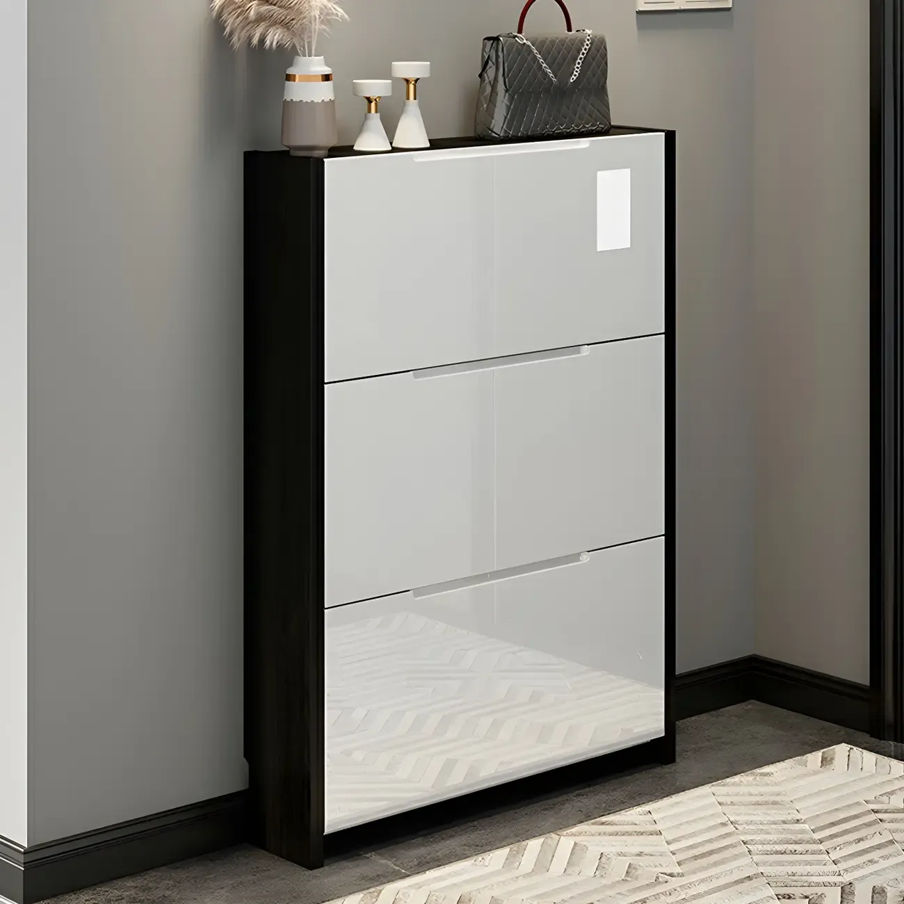 Entryway	Black Narrow Drop Front Shoe Storage Cabinet Image - 3