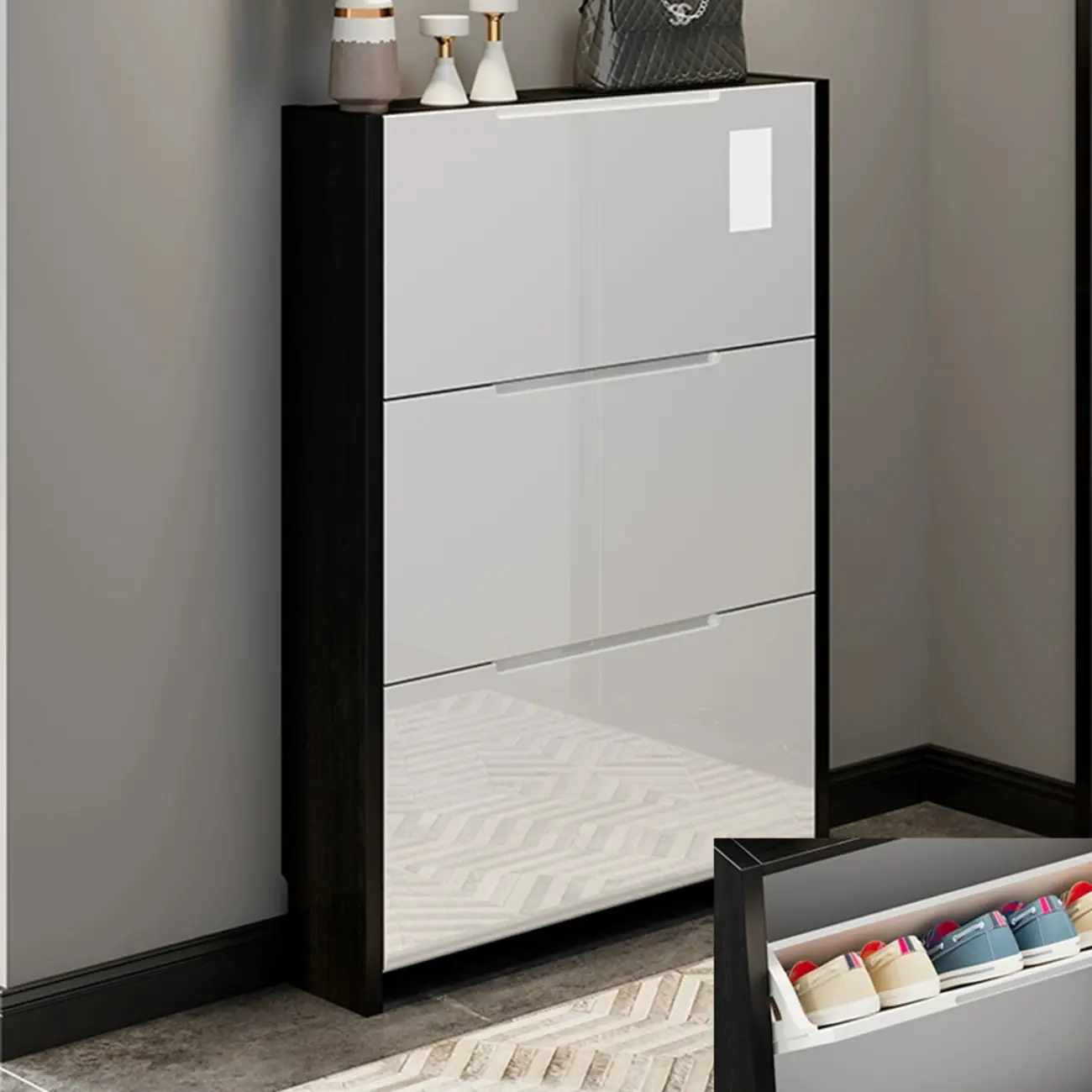 Entryway	Black Narrow Drop Front Shoe Storage Cabinet Image - 6 | homeyfad