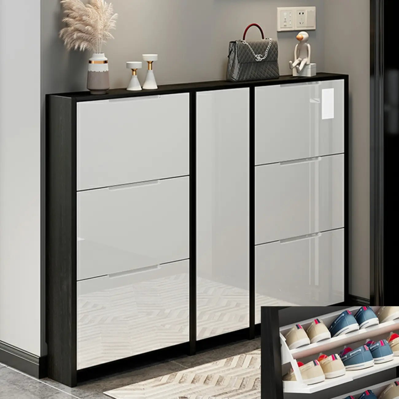 Entryway	Black Narrow Drop Front Shoe Storage Cabinet Image - 12 | homeyfad
